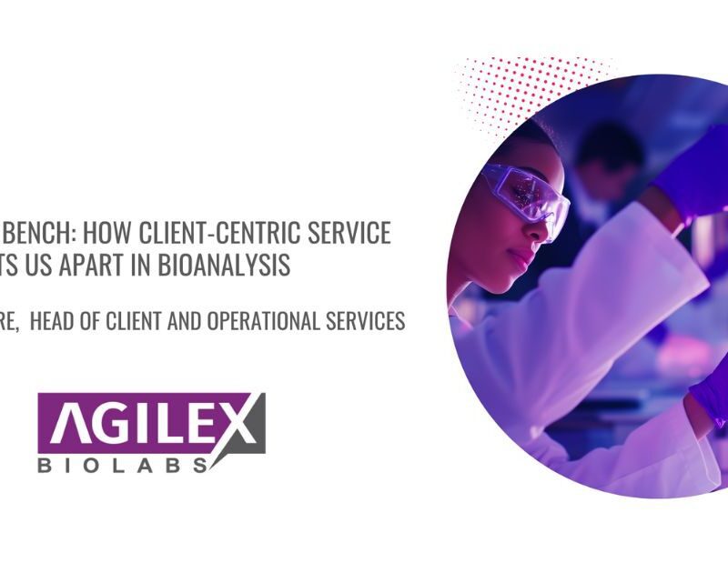 Image of Agilex project team member working at labratory. Image has article name: Beyond the Bench: How Client-Centric Service Sets Us Apart in Bioanalysis. Author name: Kim Salvarore